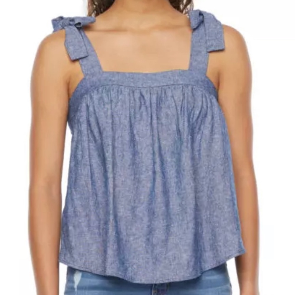 A.n.a Women's Blue Square Neck Tie Bow Shoulder Tank Top Linen Blend S
